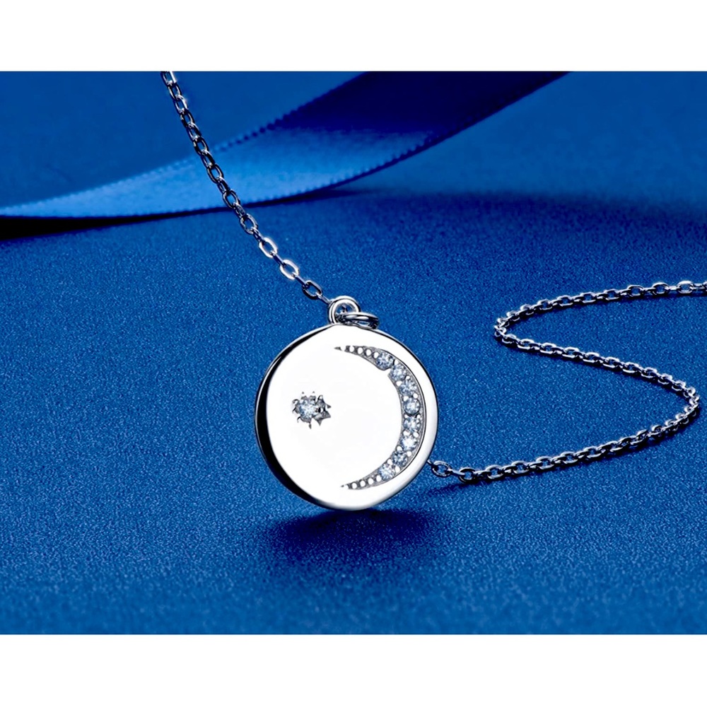 Moissanite 0.095 CT 925 Sterling Silver Crescent Moon Necklace (N)